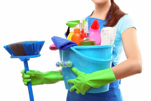 Professional carpet cleaners using safe working practices on site